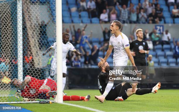 Leandro Trossard celebrates after scoring a goal during the UEFA Europa League Group I match between KRC Genk and Malmo at Cristal Arena on September...