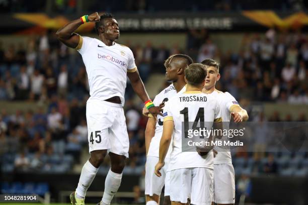 Ally Samatta celebrates after scoring a goal during the UEFA Europa League Group I match between KRC Genk and Malmo at Cristal Arena on September 20,...