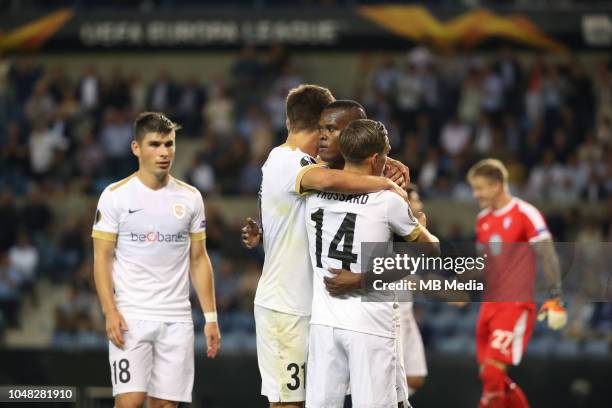 Ally Samatta celebrates after scoring a goal during the UEFA Europa League Group I match between KRC Genk and Malmo at Cristal Arena on September 20,...