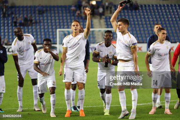 Genk's players celebrate after winning the UEFA Europa League Group I match between KRC Genk and Malmo at Cristal Arena on September 20, 2018 in...