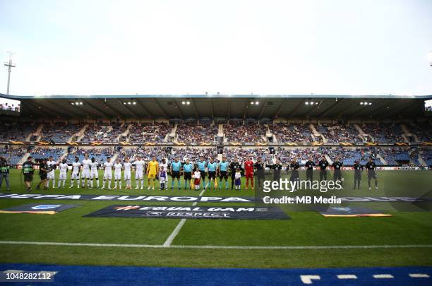 Players pictured during the line-up before the UEFA Europa League Group I match between KRC Genk and Malmo at Cristal Arena on September 20, 2018 in...