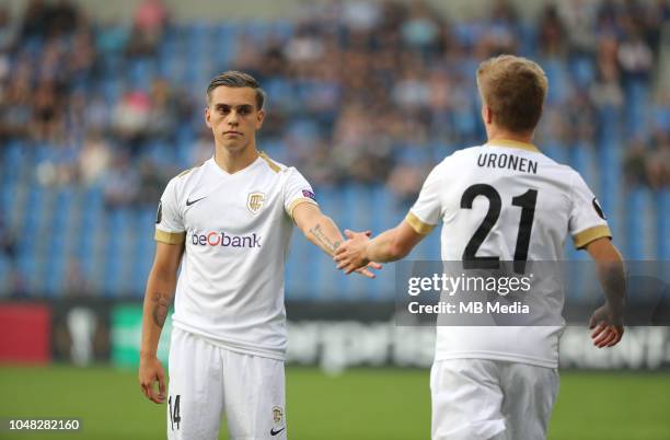 Leandro Trossard and Jere Uronen pictured the UEFA Europa League Group I match between KRC Genk and Malmo at Cristal Arena on September 20, 2018 in...