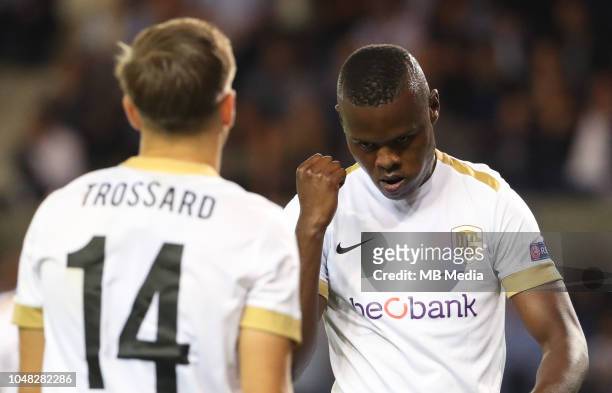 Ally Samatta celebrates after scoring a goal during the UEFA Europa League Group I match between KRC Genk and Malmo at Cristal Arena on September 20,...