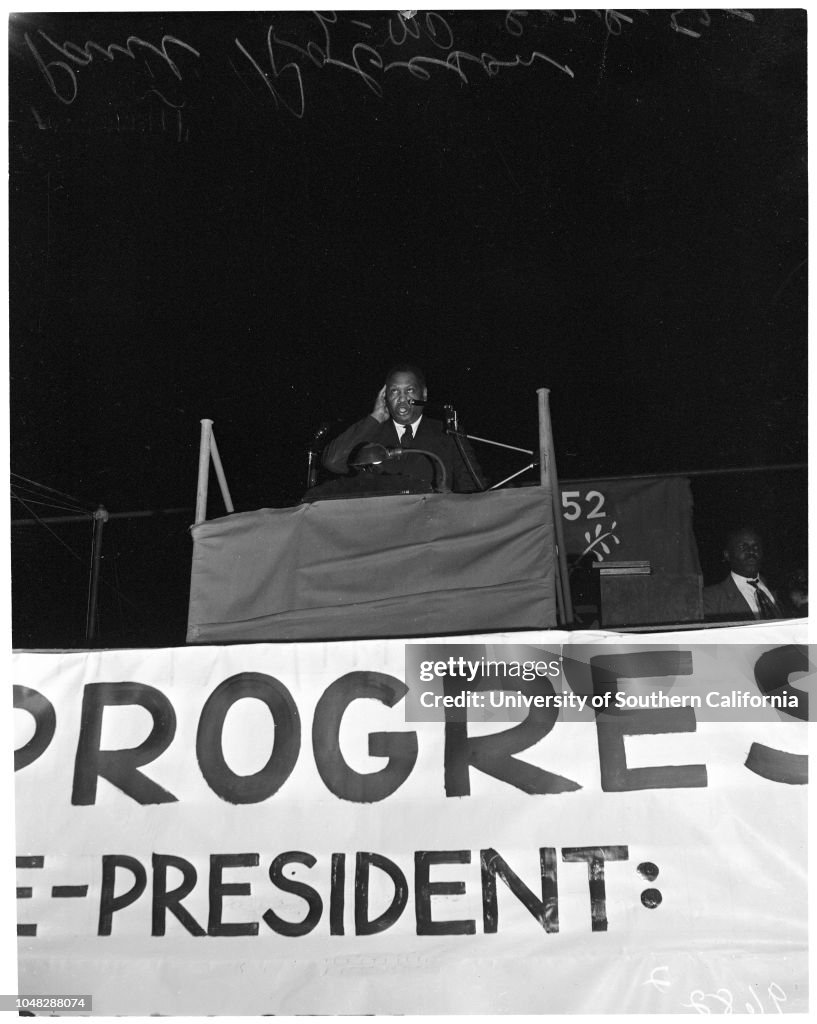 Progressive Party meeting in Culver City at which Young Korean War Veterans protest communist influence and attendance, 1952