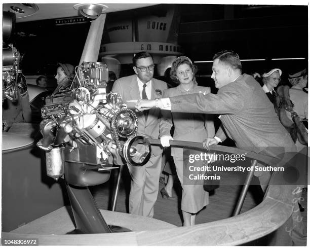 General Motors motorama, 11 April 1953. Mrs Bea King ;Nich Feles ;Gloria Marshall ;Marlene Barr .;Caption slip reads: 'Photographer: Paegel. Date: ....