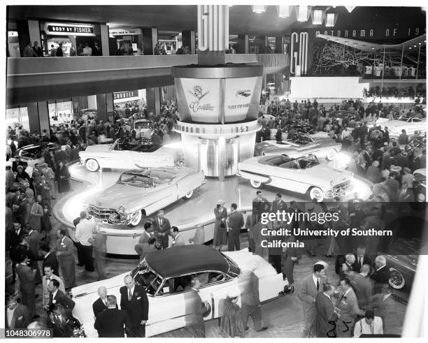 General Motors motorama, 11 April 1953. Mrs Bea King ;Nich Feles ;Gloria Marshall ;Marlene Barr .;Caption slip reads: 'Photographer: Paegel. Date: ....