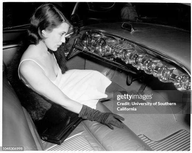 General Motors motorama, 11 April 1953. Mrs Bea King ;Nich Feles ;Gloria Marshall ;Marlene Barr .;Caption slip reads: 'Photographer: Paegel. Date: ....