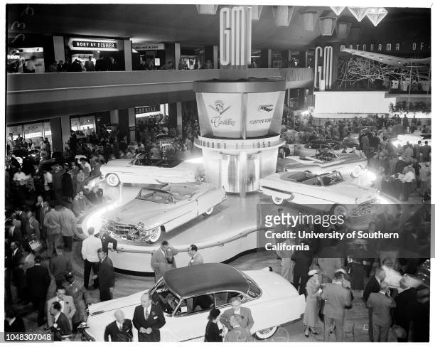 General Motors motorama, 11 April 1953. Mrs Bea King ;Nich Feles ;Gloria Marshall ;Marlene Barr .;Caption slip reads: 'Photographer: Paegel. Date: ....