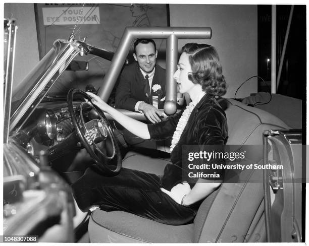 General Motors motorama, 11 April 1953. Mrs Bea King ;Nich Feles ;Gloria Marshall ;Marlene Barr .;Caption slip reads: 'Photographer: Paegel. Date: ....