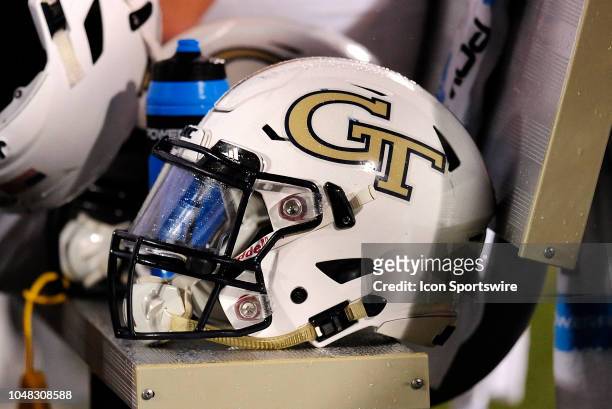 Georgia Tech Yellow Jackets helmet sits on the sidelines during the ACC Conference college football game between the Georgia Tech Yellow Jackets and...