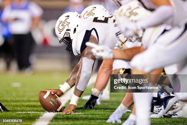 Georgia Tech Yellow Jackets offensive lineman Jahaziel Lee prepares to snap the ball during the ACC Conference college football game between the...