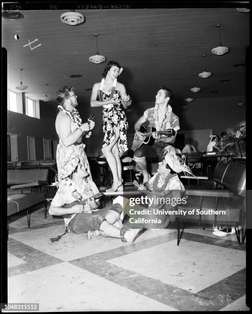 Party Daze' week ends with 'Beachcomber's Day' at Harbor Junior College, 17 April 1953. Ben Harrington;Marlene Moudry;Beverlee Barr;Frank...