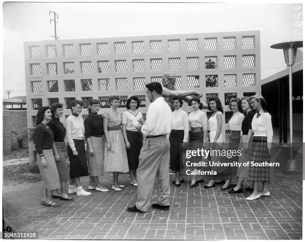 Santa Monica College queen contestants, 1953. Bob Godfrey ;Shirley LaBorde;Leila Fogel;Pat Whidden;Barbara McLaughlin;Betty Lou Burford;Beverly Van...