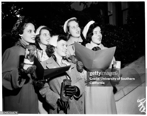 Christmas at Immaculate Heart, 3 December 1953. Katrina Elhardt;Margaret Clinton;Kay Robinson;Patricia Barlow;Joan Gallery. .;Caption slip reads:...