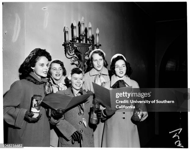 Christmas at Immaculate Heart, 3 December 1953. Katrina Elhardt;Margaret Clinton;Kay Robinson;Patricia Barlow;Joan Gallery. .;Caption slip reads:...