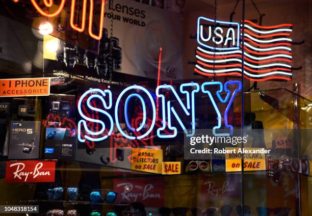 Sony neon sign burns in the window of a camera and electronics store in San Francisco, California.