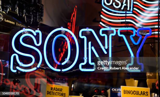 Sony neon sign burns in the window of a camera and electronics store in San Francisco, California.