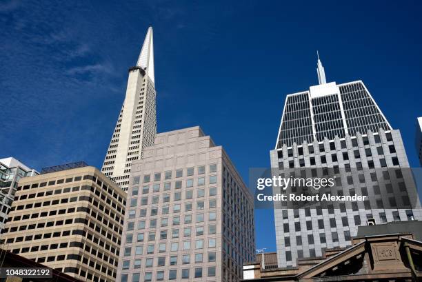 The futuristic Transamerican Pyramid building soars above other skyscrapers and modern buildings in San Francisco, California.