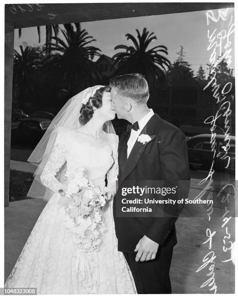 Shaw girls married , 14 February 1953. Marilyn Joan Shaw;Stanley Joseph Salkeld (newlyweds;Marilyn Joan Shawl Charles John O'Connor .;Caption slip...