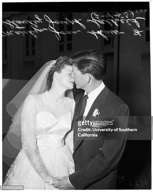 Shaw girls married , 14 February 1953. Marilyn Joan Shaw;Stanley Joseph Salkeld (newlyweds;Marilyn Joan Shawl Charles John O'Connor .;Caption slip...