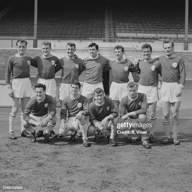 Leicester City Football Club team squad posed together on the pitch at Filbert Street stadium in Leicester during the 1962-63 First Division football...