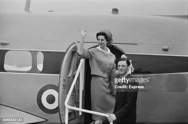 Princess Alexandra, The Honourable Lady Ogilvy pictured with her husband Angus Ogilvy waving from the steps of a Hawker Siddeley Andover aircraft of...