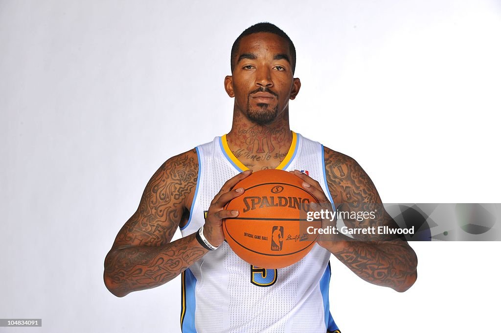 J R Smith Style J.R. Smith of the Denver Nuggets poses for a photograph during media ...