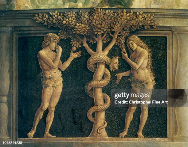 Mantegna Andrea Temptation of Adam and Eve crunching the apple Louvre Museum.