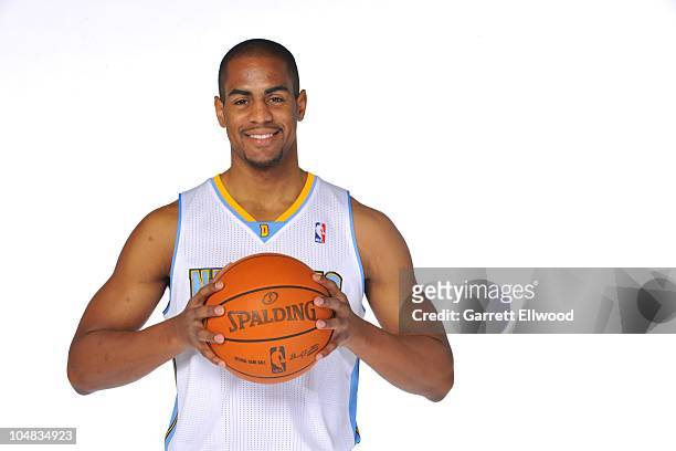 Arron Afflalo of the Denver Nuggets poses for a photograph during media day on September 27, 2010 at the Pepsi Center in Denver, Colorado. NOTE TO...