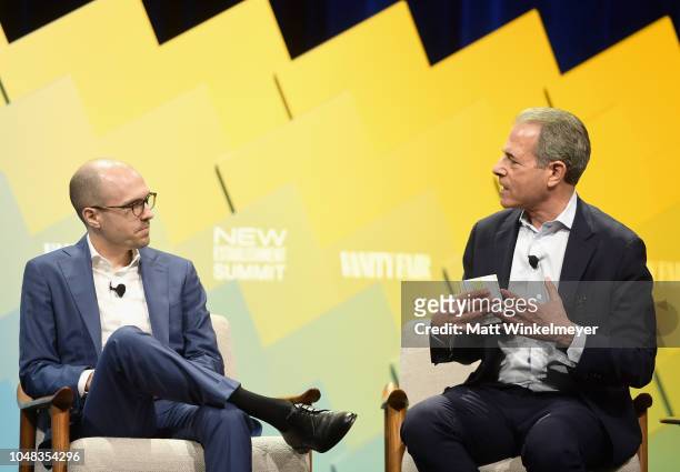 The New York Time's Publisher, A.G. Sulzberger and Moderator and Political Analyst at MSNBC, Richard Stengel speak onstage at Day 1 of the Vanity...