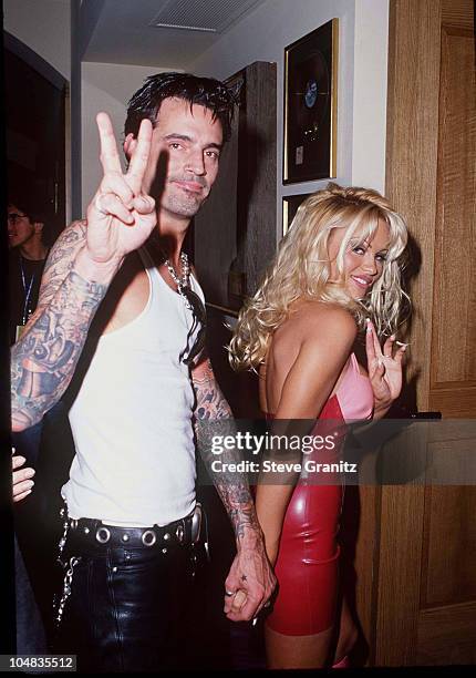 Tommy Lee and Pamela Anderson during Hard Rock Hotel & Casino Las Vegas Grand Opening Party Hosted by Peter Morton at Hard Rock Hotel & Casino in Las...