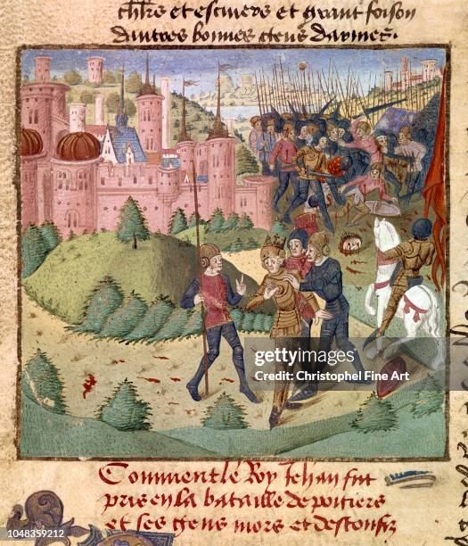 Miniature Chronicles of Jean Froissart : King John II the Good made prisoner at the Battle of Poitiers in 1356 by the English during the Hundred...