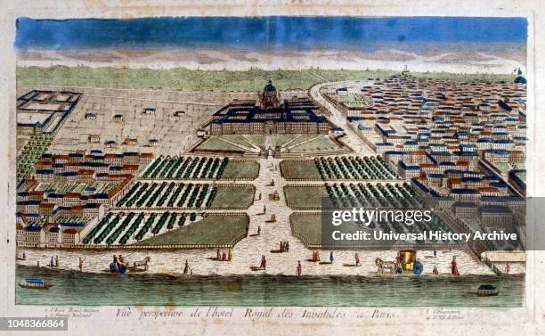 19th century illustration showing Les Invalides Monument and gardens in Paris, France. Circa 1805.