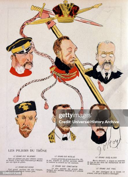 French illustration, characterising the imperial leadership of Russia. Portraits include Grand Dukes, Vladimir, Serge, Nicolas, Alexis, Constatin and...