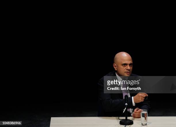 Sajid Javid, Secretary of State for the Home Department speaks with Katharine Viner, Editor of Chief of the Guardian in an evening fringe event on...