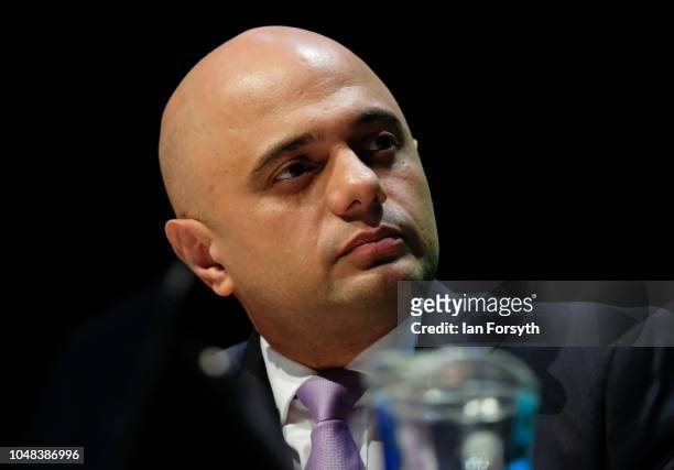 Sajid Javid, Secretary of State for the Home Department speaks with Katharine Viner, Editor of Chief of the Guardian in an evening fringe event on...