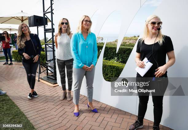 Samantha Ponder, Beth Mowins and Doris Burke of ESPN prepare to go onstage at the espnW Summit held at Resort at Pelican Hill on October 2, 2018 in...