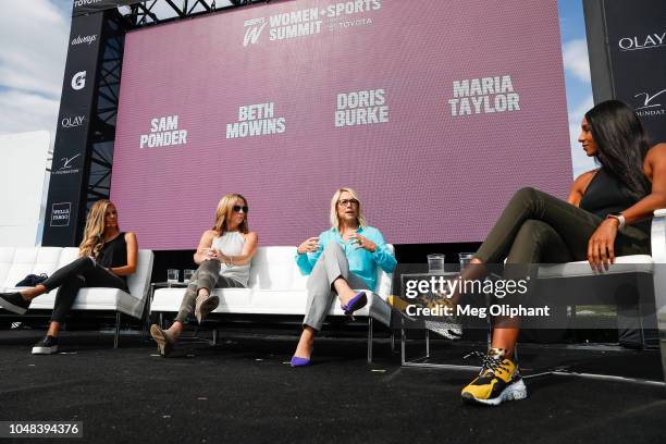 Samantha Ponder, Beth Mowins and Doris Burke of ESPN talk with Maria Taylor about breaking barriers in sports media at the espnW Summit held at...