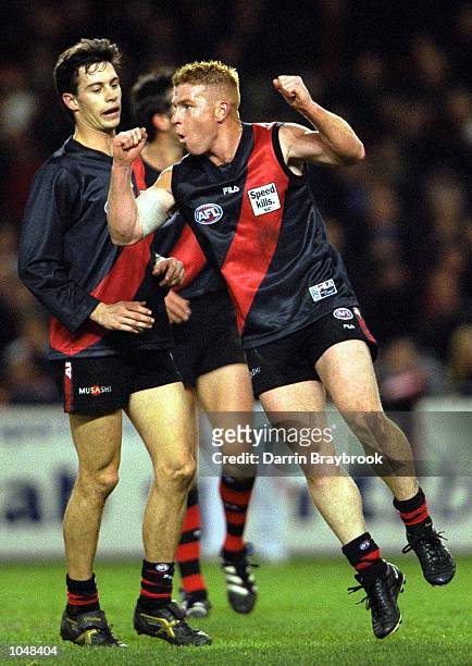 Gary Moorcroft for Essendon celebrates a goal, in the match between the Essendon Bombers and the Hawthorn Hawks, during round 19 of the AFL season...