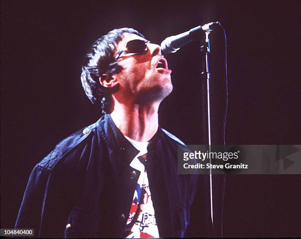 Liam Gallagher of Oasis during KROQ Weenie Roast Concert, 1997 at Irvine Meadows Amphitheatre in Irvine, California, United States.