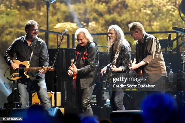 Musicians Vince Gill, Joe Walsh, Timothy B. Schmit and Don Henley of The Eagles perform onstage during 'An Evening with The Eagles' at The Forum on...