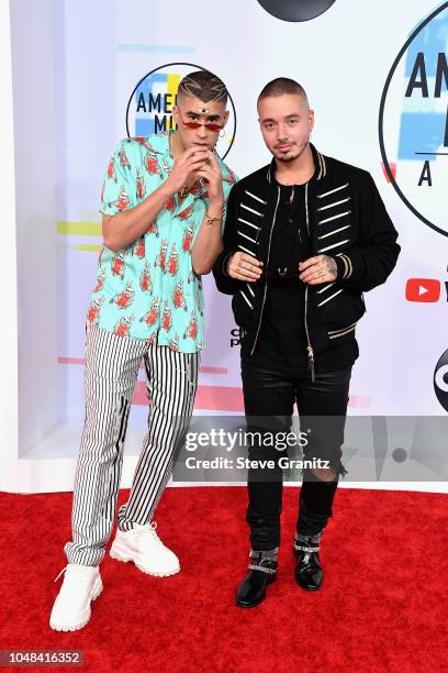 Bad Bunny and J Balvin attend the 2018 American Music Awards at Microsoft Theater on October 9, 2018 in Los Angeles, California.