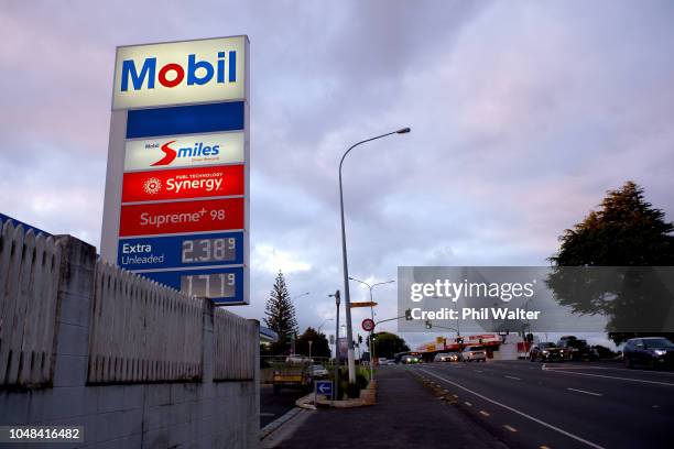 Mobil petrol station is pictured on October 10, 2018 in Auckland, New Zealand. Debate over the cost of petrol continues following revelations almost...