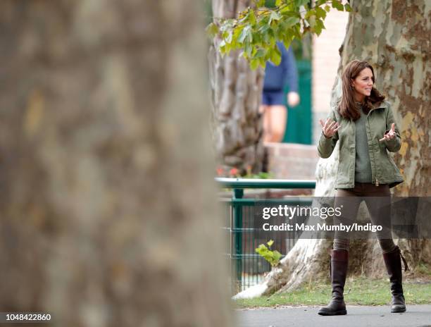 Catherine, Duchess of Cambridge visits Sayers Croft Forest School and Wildlife Garden on October 2, 2018 in London, England. Sayers Croft is an...