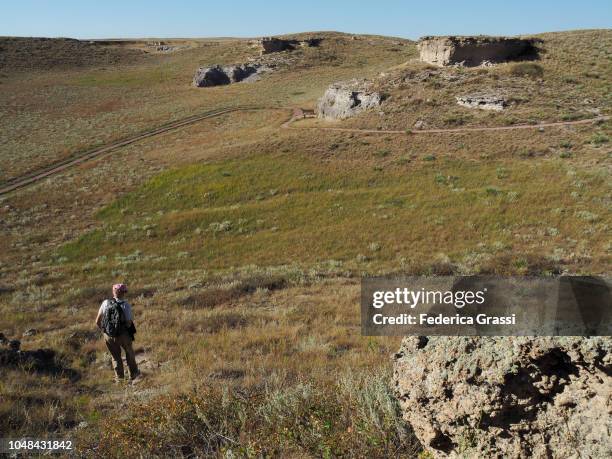 senior man hiking along the daemonhelix trail at agate fossil beds - miocene stock pictures, royalty-free photos & images