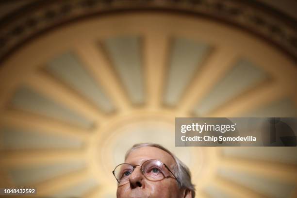 Senate Majority Leader Mitch McConnell participates in a news conference following the weekly Senate Republican policy luncheon at the U.S. Capitol...