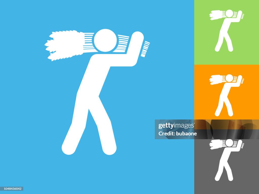 Stick Figure Carrying Grain Flat Icon on Blue Background
