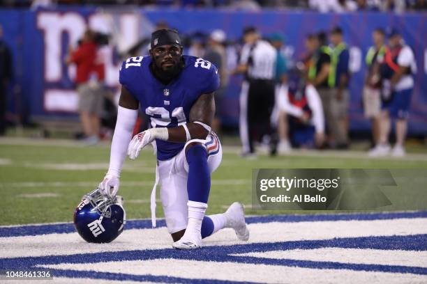 Landon Collins of the New York Giants looks on against the New Orleans Saints during their game at MetLife Stadium on September 30, 2018 in East...