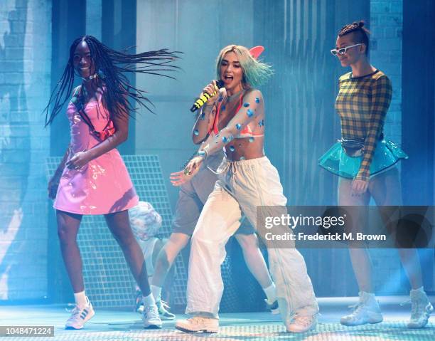 Dua Lipa performs onstage during the 2018 American Music Awards at Microsoft Theater on October 9, 2018 in Los Angeles, California.