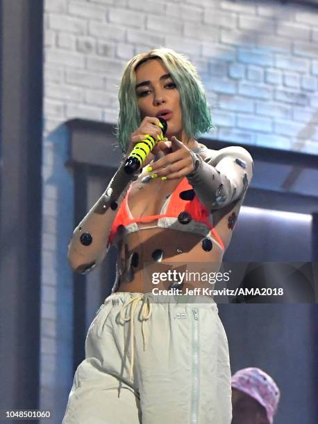 Dua Lipa performs onstage during the 2018 American Music Awards at Microsoft Theater on October 9, 2018 in Los Angeles, California.